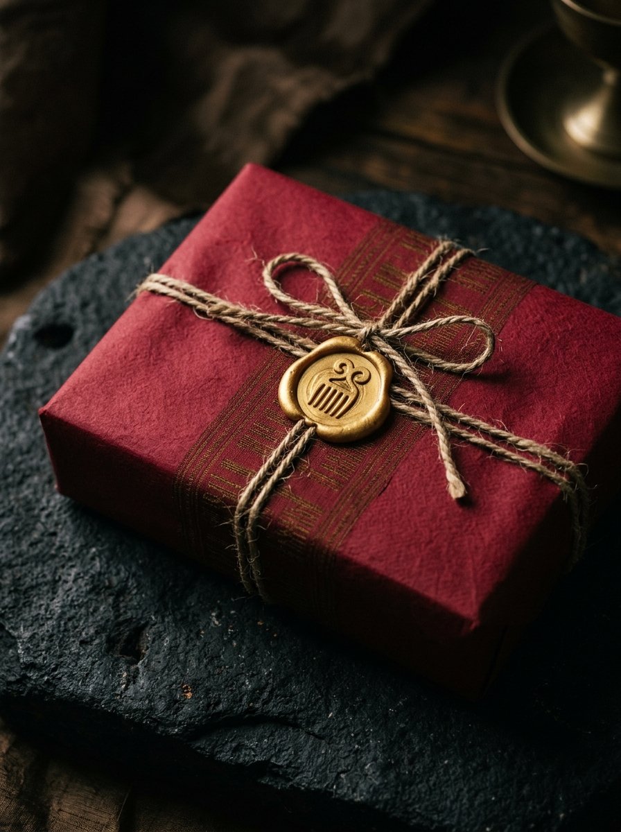 A Diane Fits parcel wrapped in red tissue and sealed for worldwide shipping