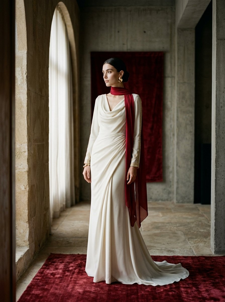 Model wearing an ivory dress from the Serene collection