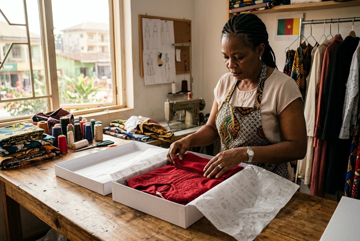 A Diane Fits garment being packaged for dispatch in the Bamenda atelier