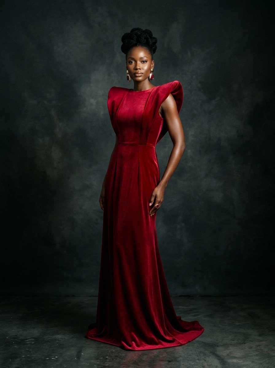 Model wearing a crimson gown from the Ashiri collection