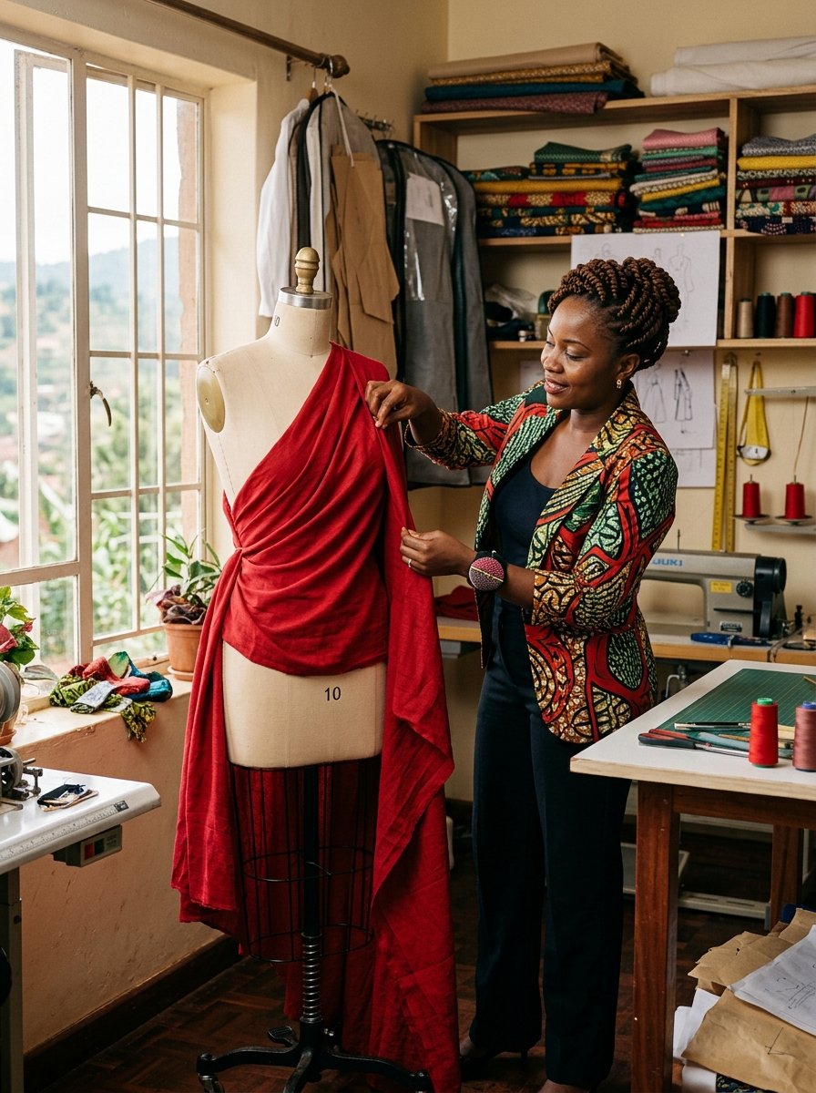 Diane, founder of Diane Fits, at work in her Bamenda atelier