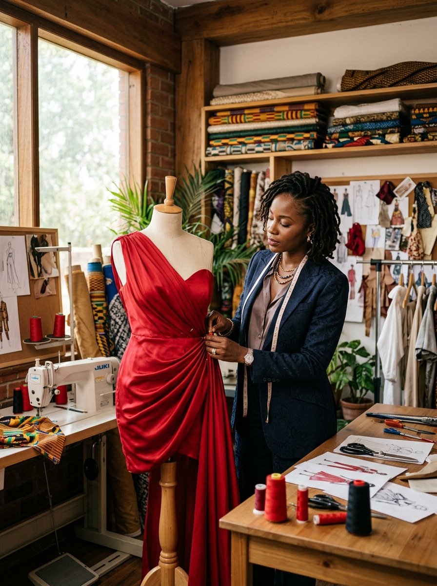 Diane Fits designer at work in the Bamenda atelier