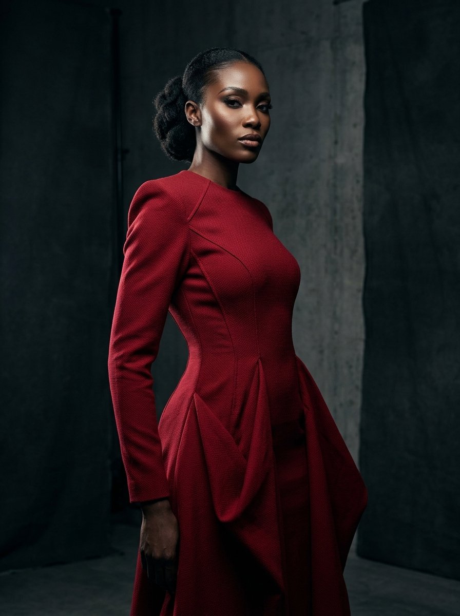 Model wearing a tailored deep-red Diane Fits design
