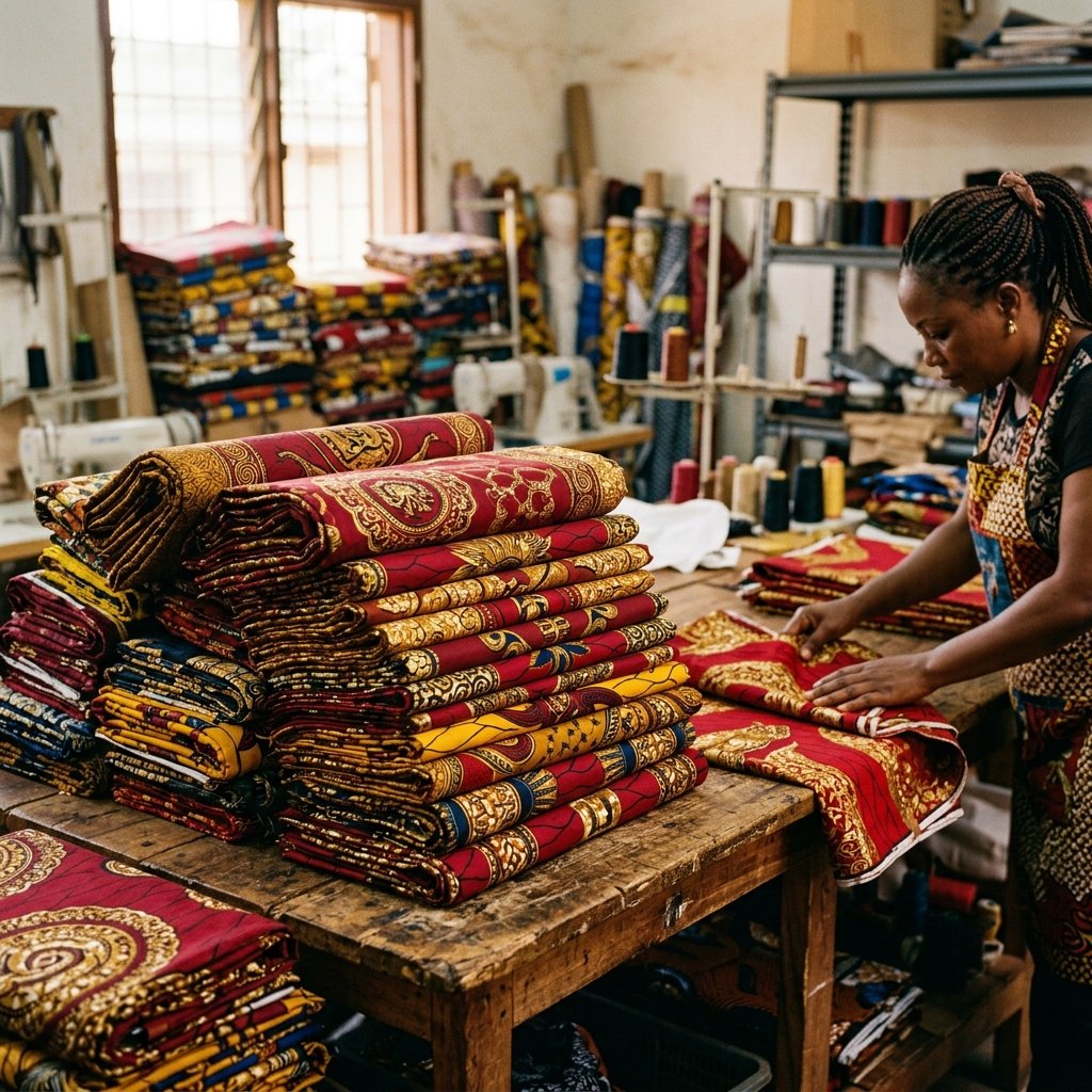 Stacks of African wax print textiles
