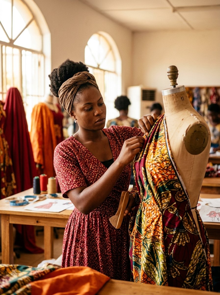 Designer draping fabric in the Diane Fits atelier in Bamenda