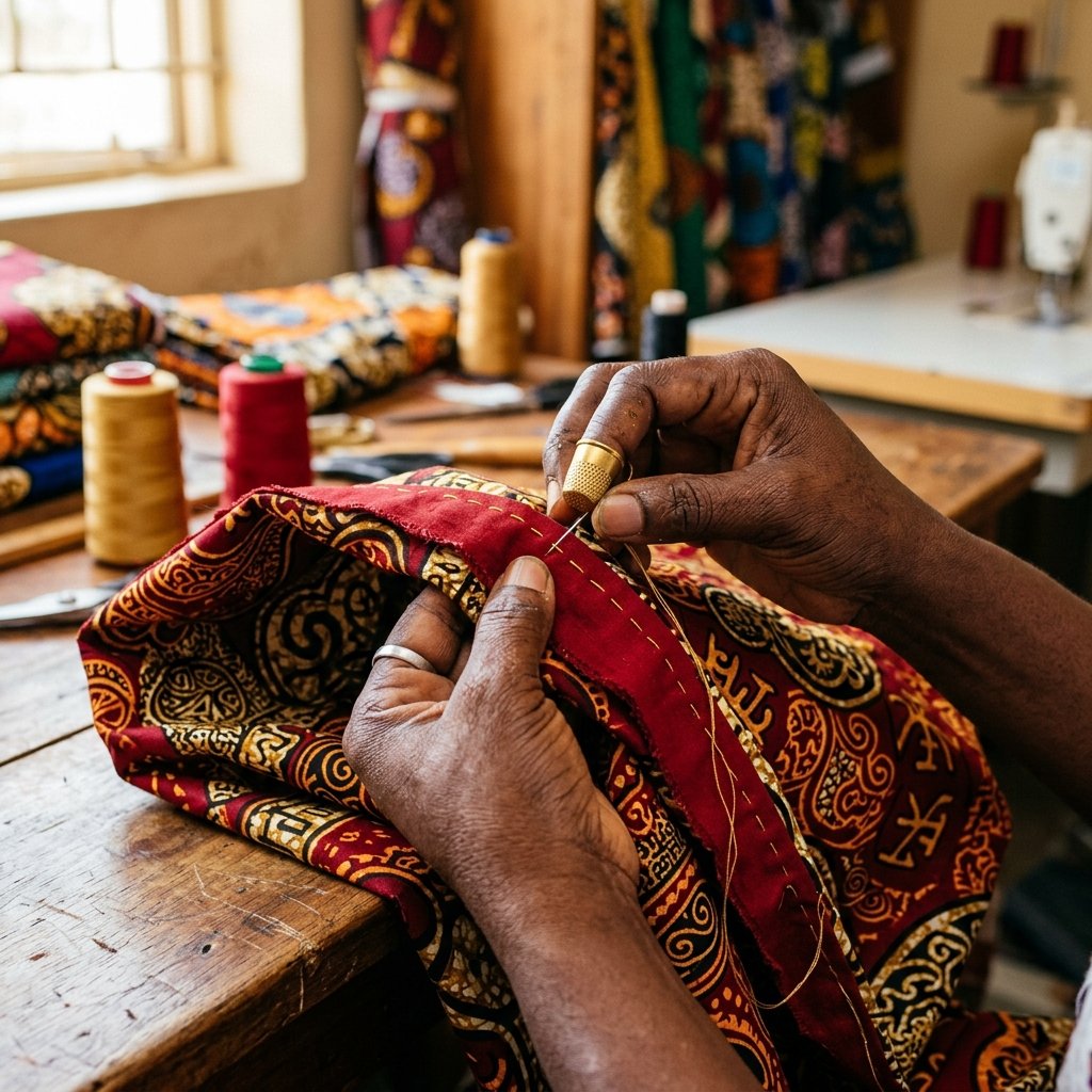 Hands hand-stitching wax fabric