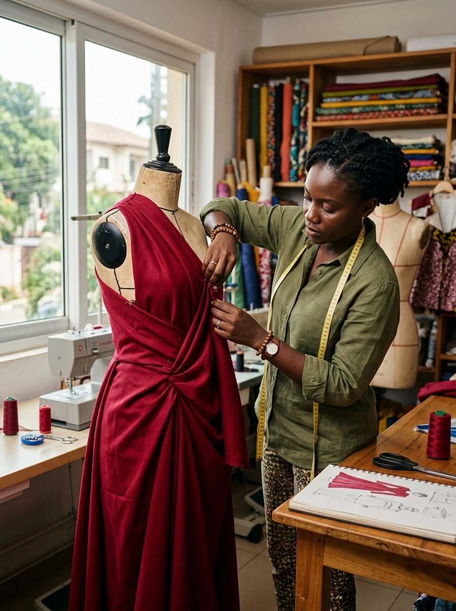 Diane Fits designer draping red fabric on a dress form in the atelier