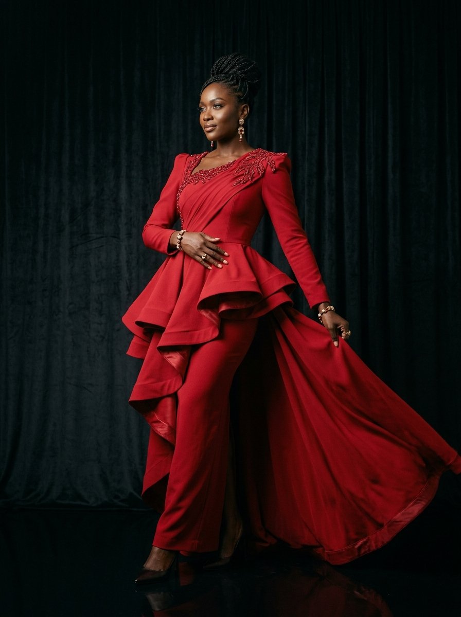 Model wearing a Diane Fits crimson couture gown
