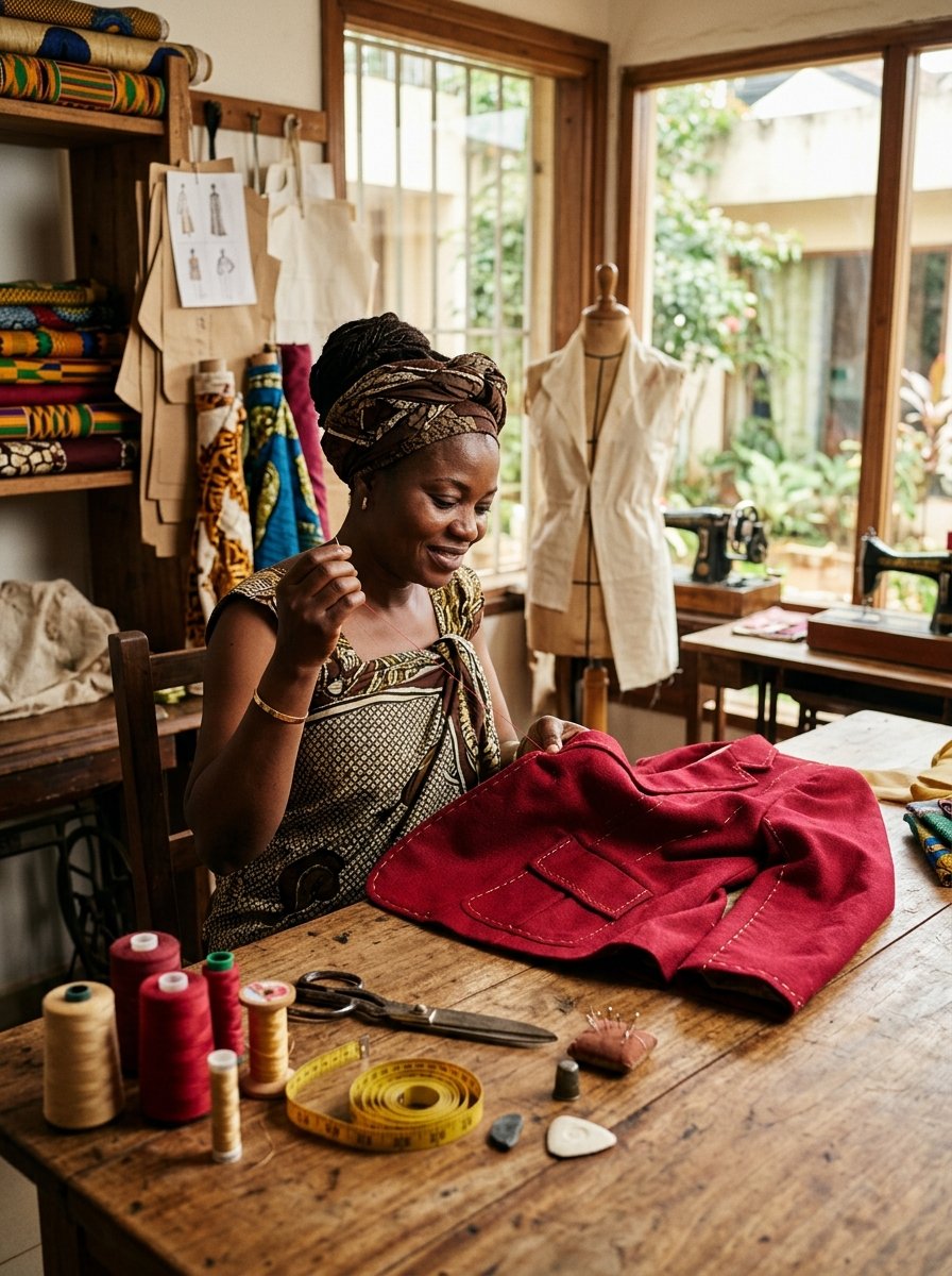 Diane Fits atelier in Bamenda, a garment being hand-finished