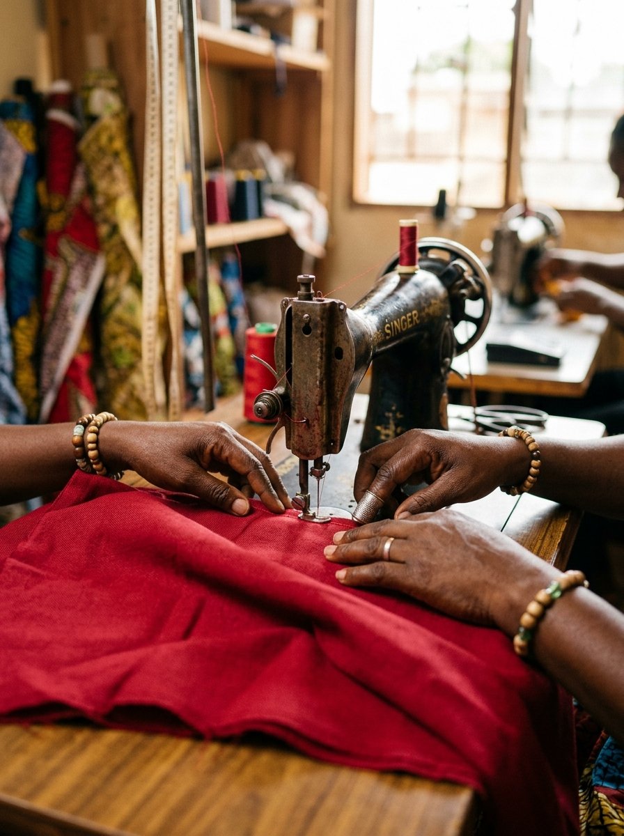 A tailor guiding red fabric through a sewing machine in the Diane Fits atelier